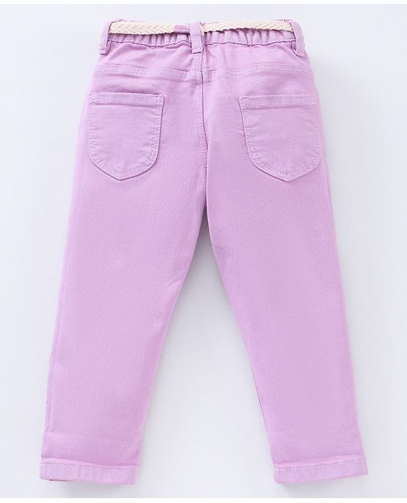 Babyhug Full Length Washed Solid Colour Jeans With Belt   Fly With Zipper -  Lavender