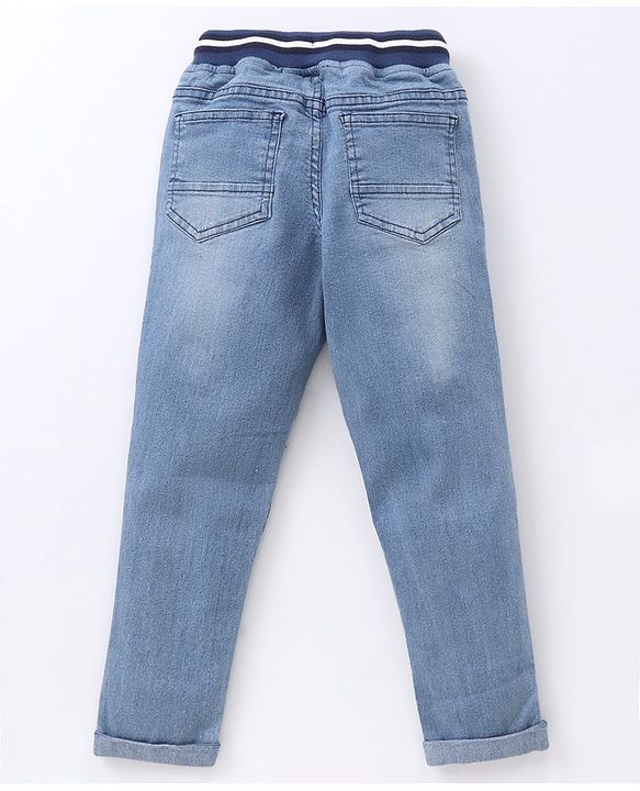 Babyhug Full Length Washed Denim Jeans with  Face Embroidery - Blue