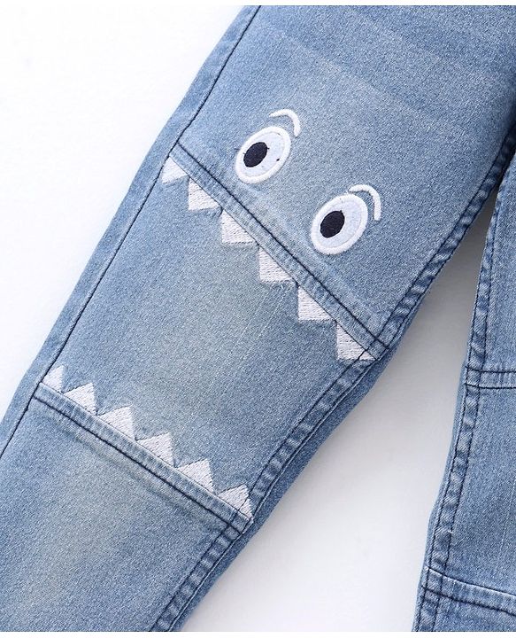 Babyhug Full Length Washed Denim Jeans with  Face Embroidery - Blue