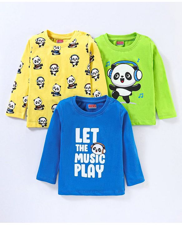 Babyhug Cotton Jersey Knit Full Sleeves T-Shirt Panda Printed Pack of 3 - Blue Green Yellow