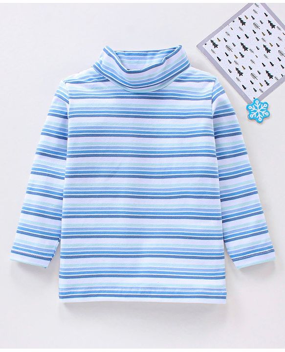 Babyhug Cotton Knit Full Sleeves Striped Winter T-Shirt - Blue