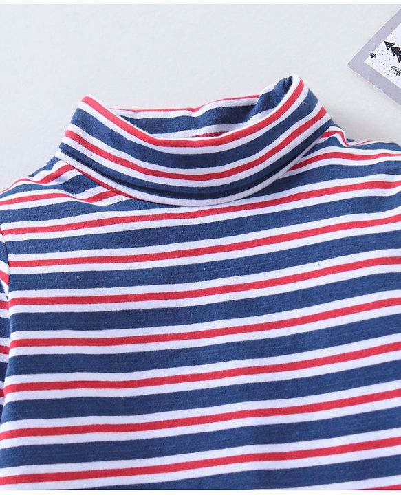 Babyhug Cotton Knit Full Sleeves Striped Skivi Winter T-Shirt - Navy Red