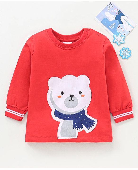 Babyhug Cotton Full Sleeves Winterwear T-Shirt with Bear Applique & Tipping at Cuff- Red