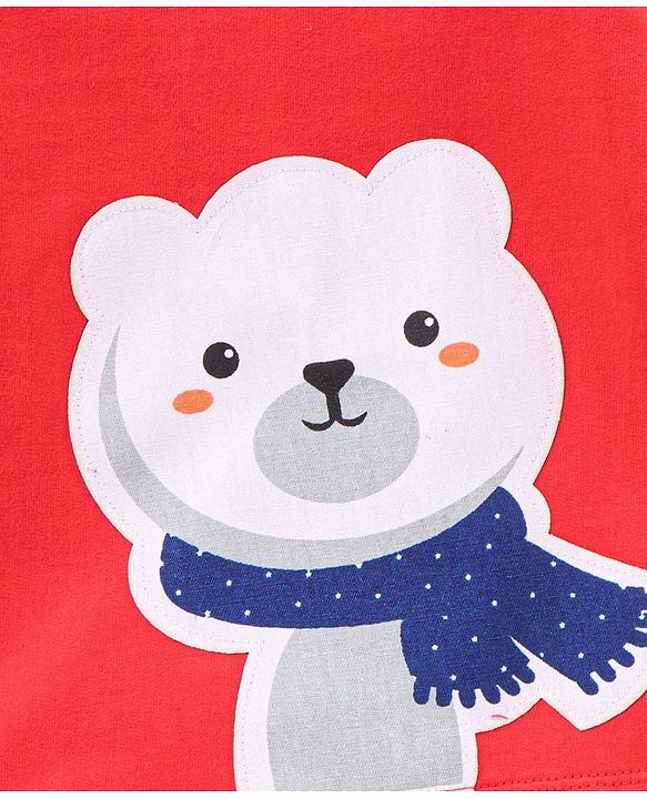 Babyhug Cotton Full Sleeves Winterwear T-Shirt with Bear Applique & Tipping at Cuff- Red
