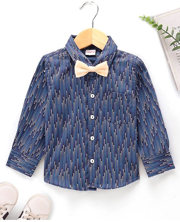 Babyhug Party Wear Full Sleeves Shirt With Bow Digital Print - Navy Blue