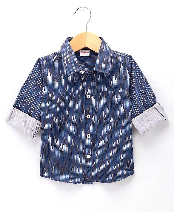 Babyhug Party Wear Full Sleeves Shirt With Bow Digital Print - Navy Blue