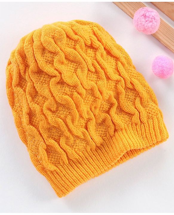 Babyhug Blend Cable Knitted Reversible Cap Textured Mustard - Diameter 10 cm