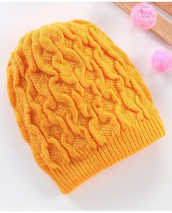 Babyhug Blend Cable Knitted Reversible Cap Textured Mustard - Diameter 10 cm