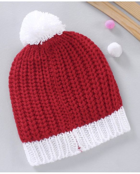 Babyhug Woollen Cap Maroon White - Diameter 11.5 cm