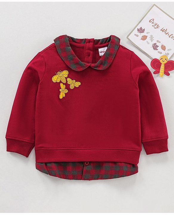 Babyhug Cotton Knit Full sleeves Sweatshirt With Woven Peter Pan Collar & Honeybee Badge - Red