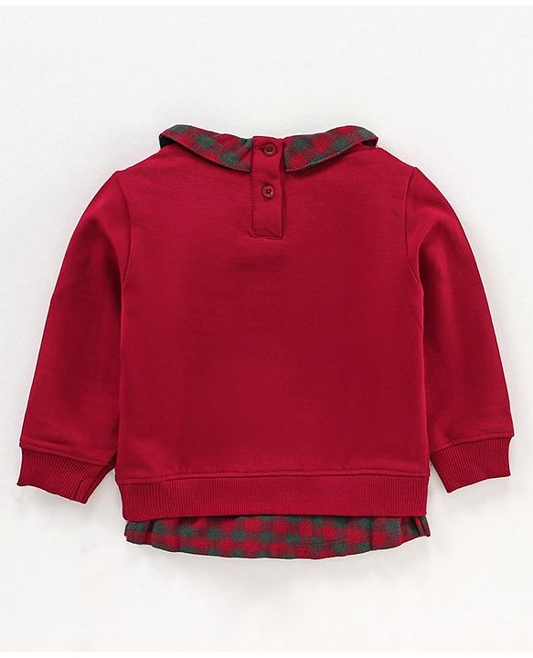 Babyhug Cotton Knit Full sleeves Sweatshirt With Woven Peter Pan Collar & Honeybee Badge - Red