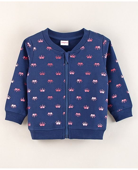 Babyhug Cotton Full Sleeves Front Open Sweatshirt With Foil Crown Print- Blue