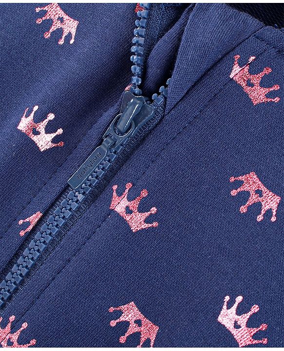 Babyhug Cotton Full Sleeves Front Open Sweatshirt With Foil Crown Print- Blue