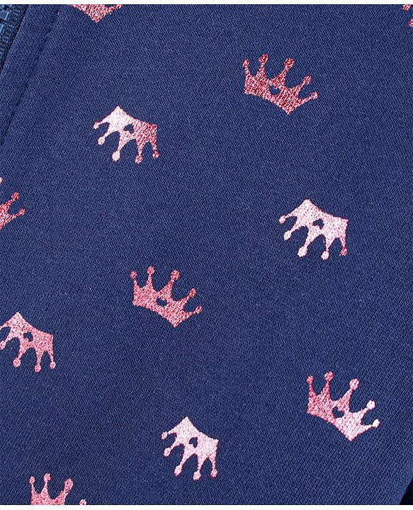 Babyhug Cotton Full Sleeves Front Open Sweatshirt With Foil Crown Print- Blue