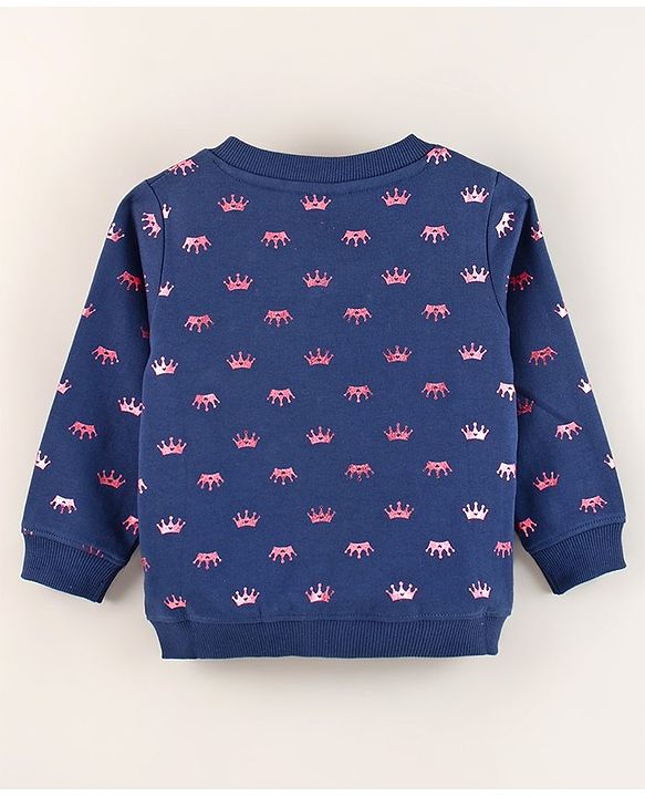 Babyhug Cotton Full Sleeves Front Open Sweatshirt With Foil Crown Print- Blue