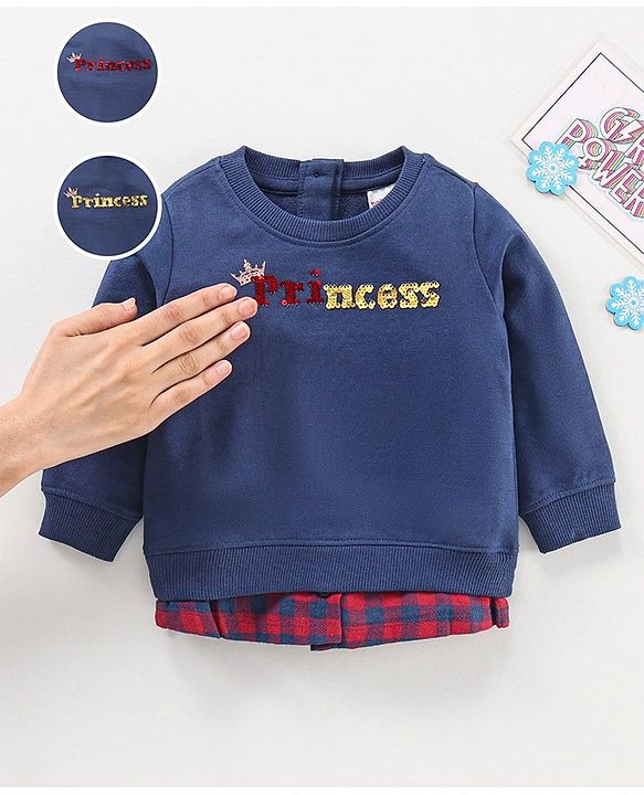 Babyhug Full Sleeves Sweatshirt With Reversible Sequins & Woven Checks Mock Shirt Hem - Blue