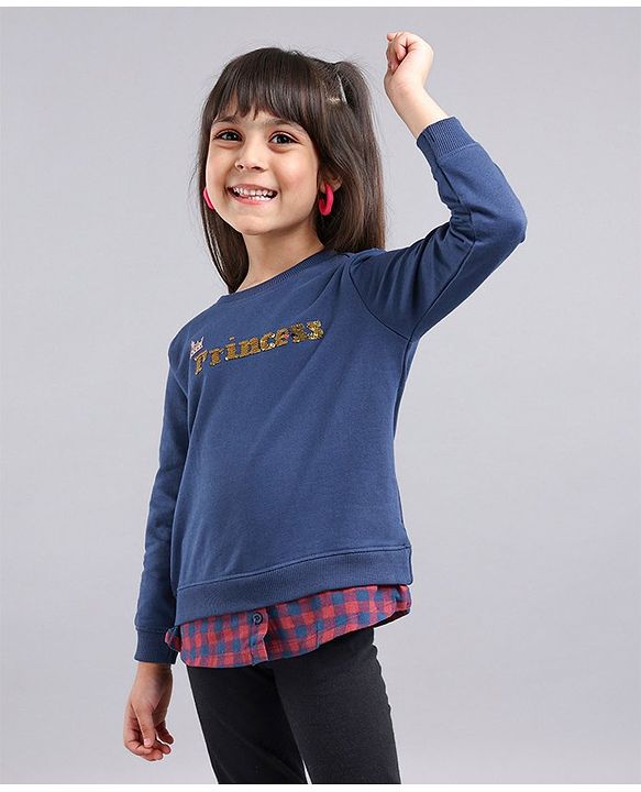 Babyhug Full Sleeves Sweatshirt With Reversible Sequins & Woven Checks Mock Shirt Hem - Blue