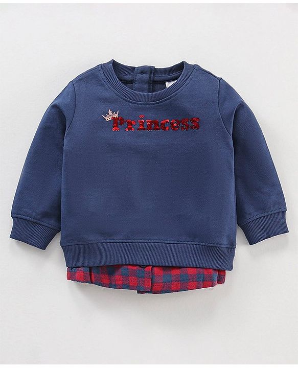 Babyhug Full Sleeves Sweatshirt With Reversible Sequins & Woven Checks Mock Shirt Hem - Blue