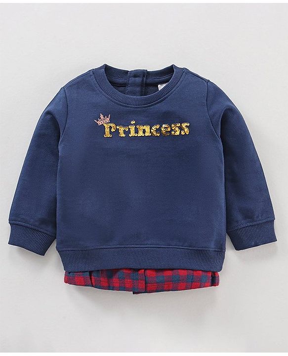 Babyhug Full Sleeves Sweatshirt With Reversible Sequins & Woven Checks Mock Shirt Hem - Blue