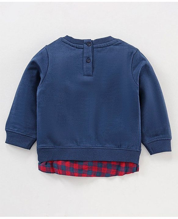 Babyhug Full Sleeves Sweatshirt With Reversible Sequins & Woven Checks Mock Shirt Hem - Blue