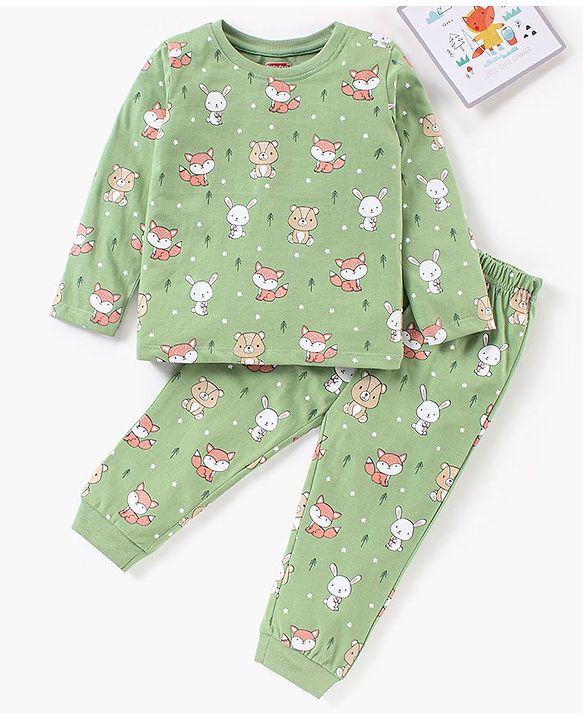 Babyhug Cotton Full Sleeves Night Suit Bunny Print - Green