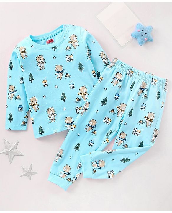 Babyhug Cotton Full Sleeves Nightsuit Teddy Print - Light Blue