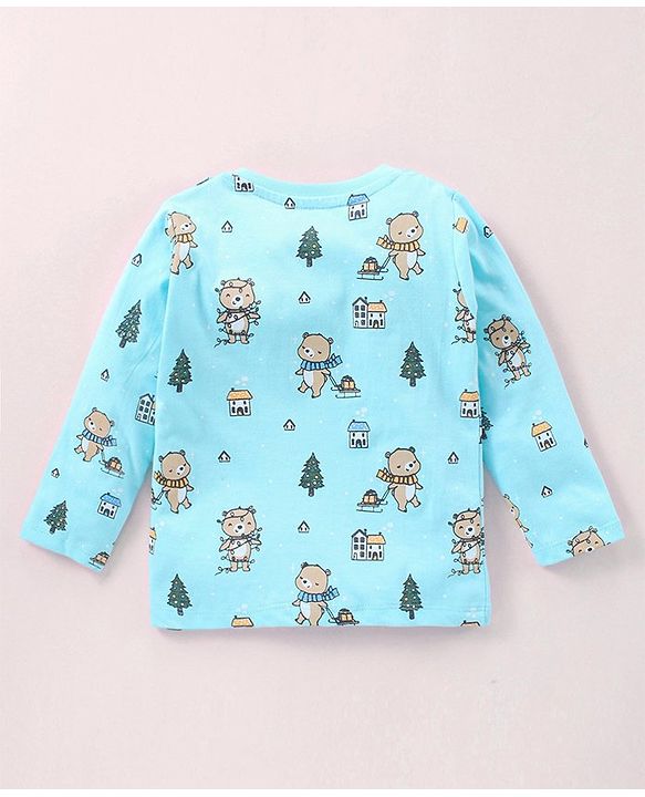 Babyhug Cotton Full Sleeves Nightsuit Teddy Print - Light Blue