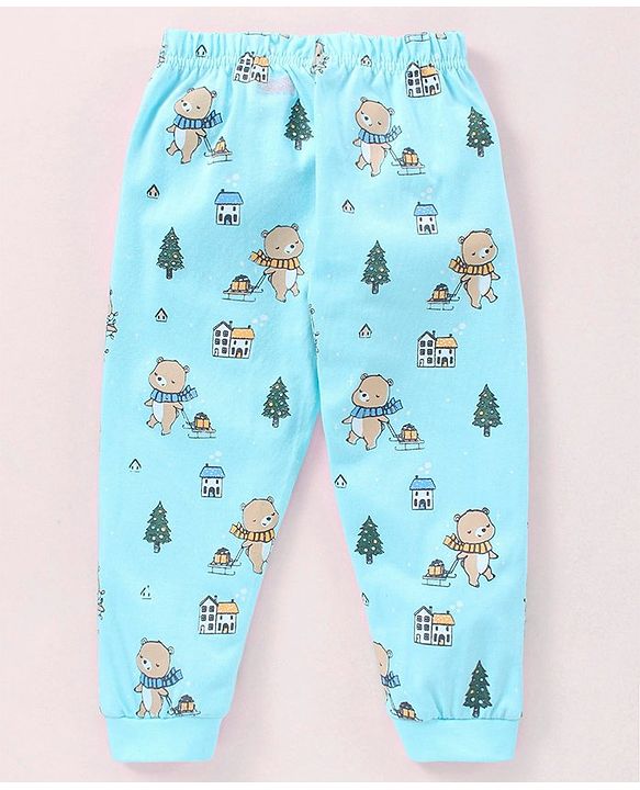 Babyhug Cotton Full Sleeves Nightsuit Teddy Print - Light Blue