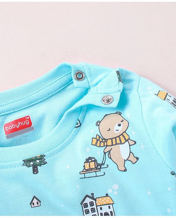 Babyhug Cotton Full Sleeves Nightsuit Teddy Print - Light Blue
