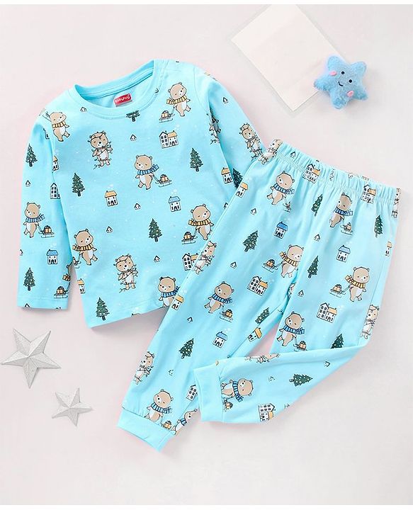Babyhug Cotton Full Sleeves Nightsuit Teddy Print - Light Blue