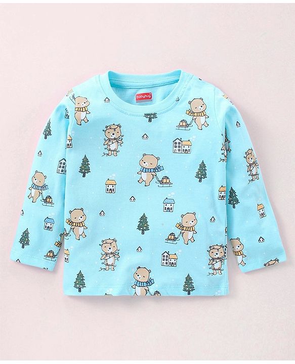 Babyhug Cotton Full Sleeves Nightsuit Teddy Print - Light Blue