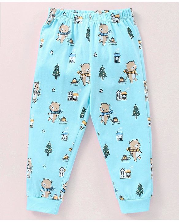 Babyhug Cotton Full Sleeves Nightsuit Teddy Print - Light Blue