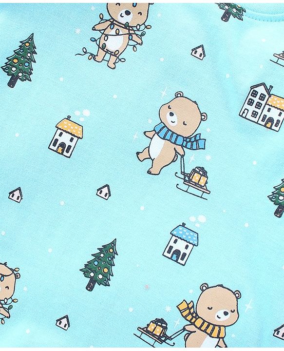 Babyhug Cotton Full Sleeves Nightsuit Teddy Print - Light Blue