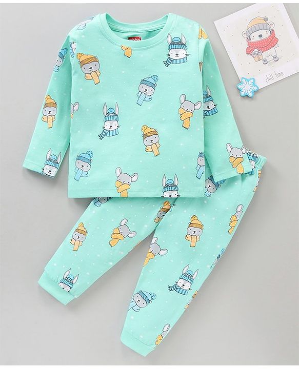 Babyhug Cotton Knit Full Sleeves Night Suit Bunny & Bear Print - Blue