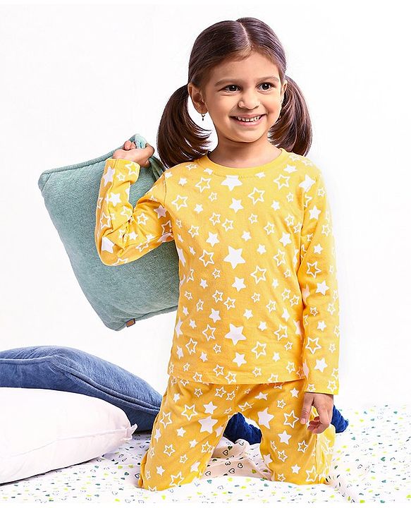 Babyhug Full Sleeves Night Suit Star Print - Yellow