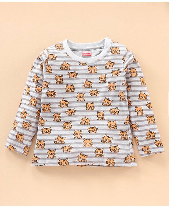 Babyhug Full Sleeves Striped Night Suit Tiger Print - Off White