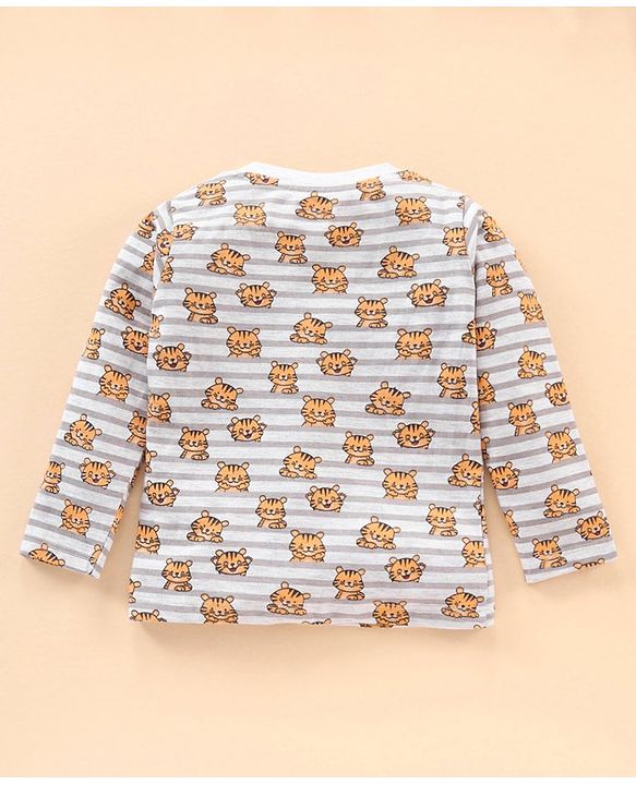 Babyhug Full Sleeves Striped Night Suit Tiger Print - Off White
