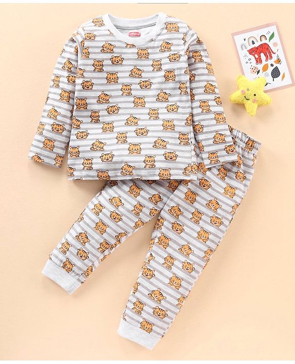 Babyhug Full Sleeves Striped Night Suit Tiger Print - Off White