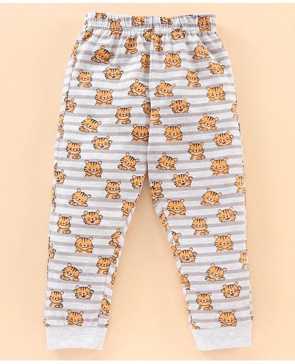 Babyhug Full Sleeves Striped Night Suit Tiger Print - Off White