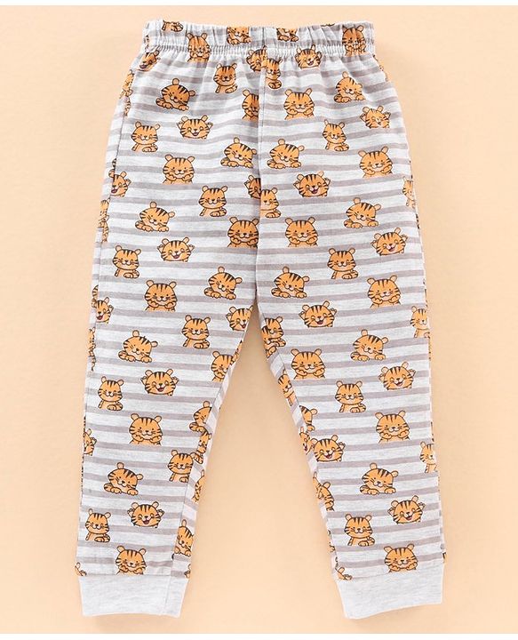 Babyhug Full Sleeves Striped Night Suit Tiger Print - Off White