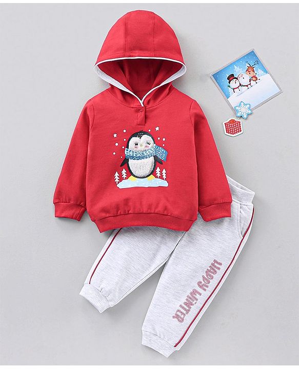 Babyhug Cotton Full Sleeves Hooded T-Shirt & Lounge Pants Penguin Patch- Red White
