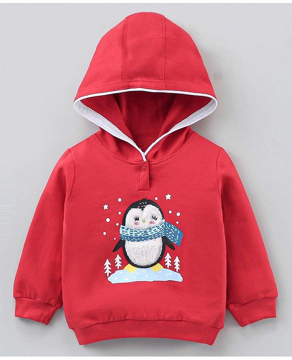 Babyhug Cotton Full Sleeves Hooded T-Shirt & Lounge Pants Penguin Patch- Red White