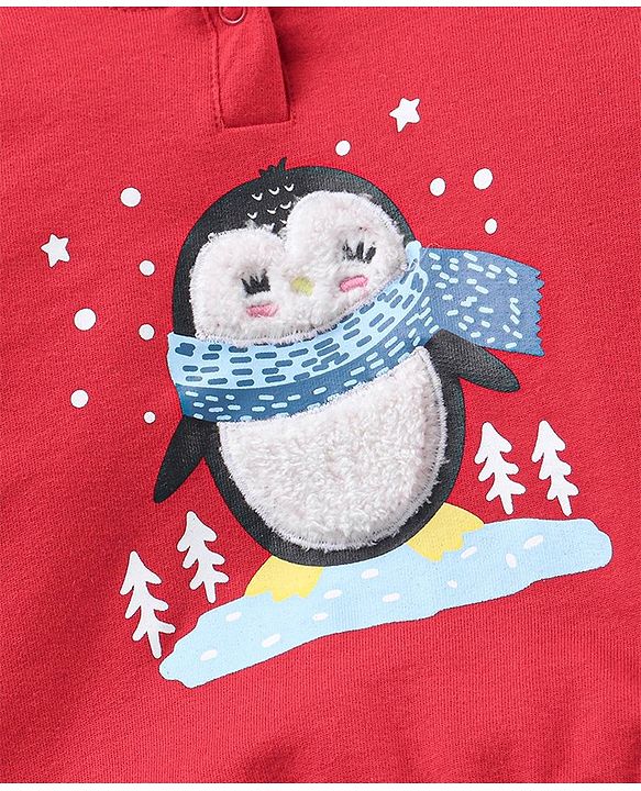 Babyhug Cotton Full Sleeves Hooded T-Shirt & Lounge Pants Penguin Patch- Red White