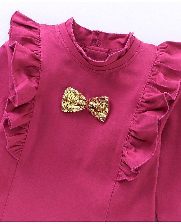 Babyhug Cotton Knit Full Sleeves Solid Colour With Sequins Bow Top - Maroon