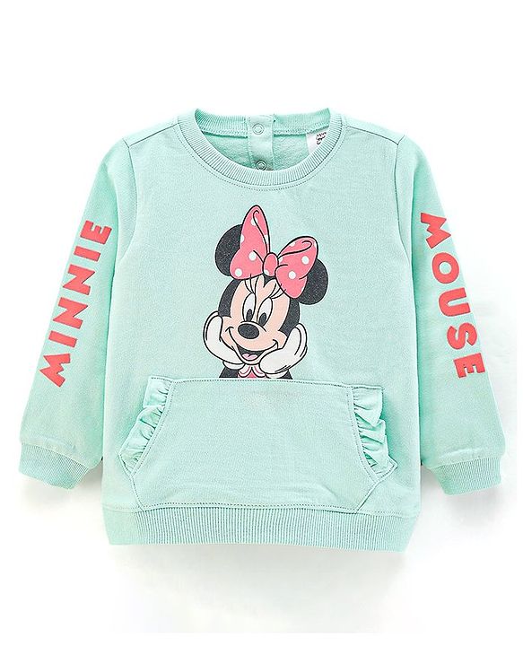 Babyhug Full Sleeves Knit Sweatshirt with Minnie Mouse Graphic & HD Text Print at Sleeves- Mint Green