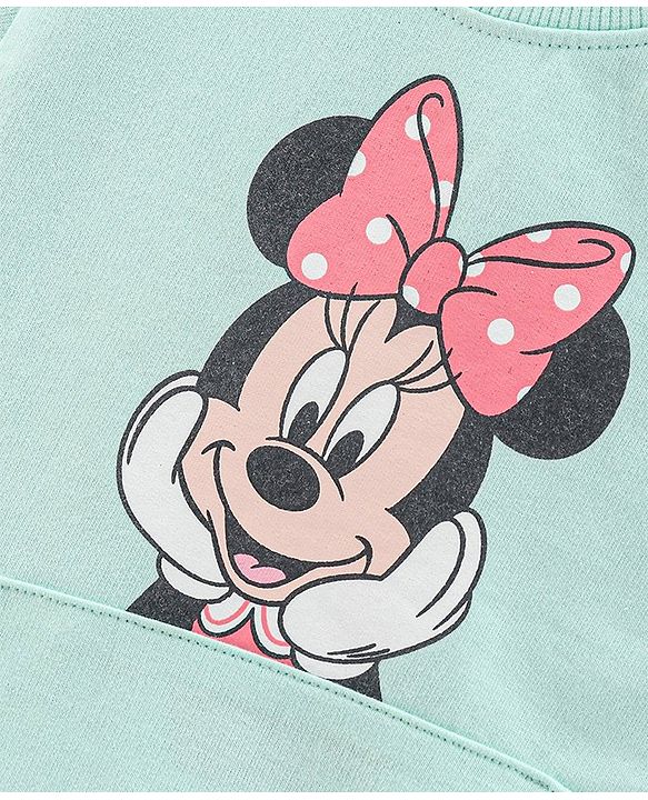 Babyhug Full Sleeves Knit Sweatshirt with Minnie Mouse Graphic & HD Text Print at Sleeves- Mint Green