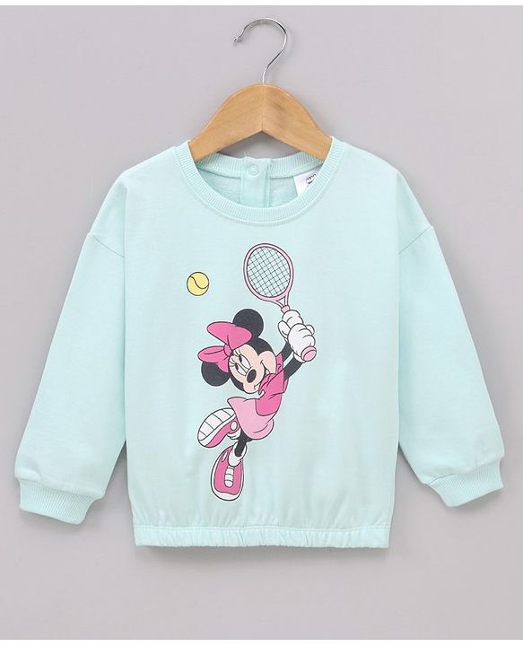 Babyhug Cotton Knit Full Sleeves Drop Shoulder Mini Mouse Printed Sweatshirt With Elasticated Bottom Hem - Sky Blue