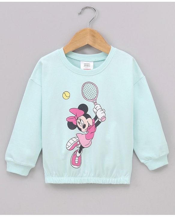 Babyhug Cotton Knit Full Sleeves Drop Shoulder Mini Mouse Printed Sweatshirt With Elasticated Bottom Hem - Sky Blue