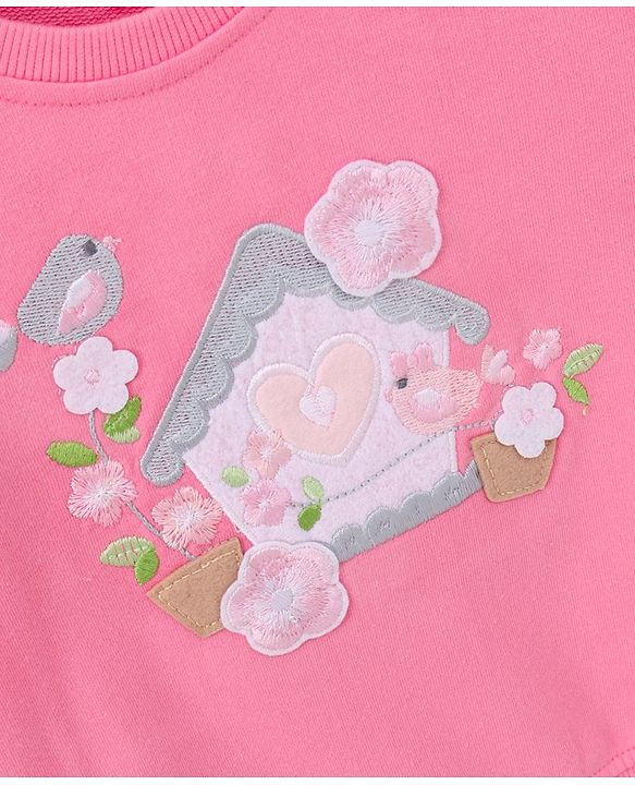 Babyhug Cotton Knit Full Sleeves Sweatshirt With 3d Applique Detailing - Pink