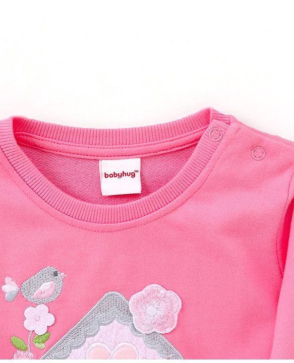 Babyhug Cotton Knit Full Sleeves Sweatshirt With 3d Applique Detailing - Pink